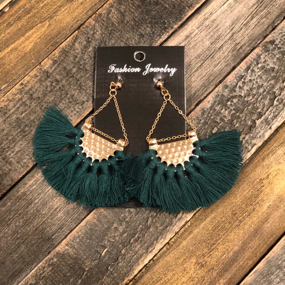 Green Tassel Earrings - Picture 3 of 6